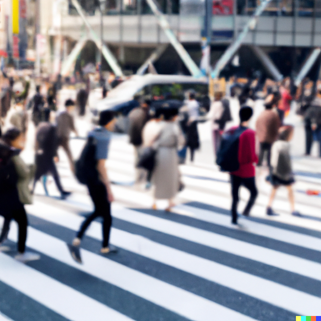 A blurred photograph of crowded crosswalks with many people crossing, representing global social change