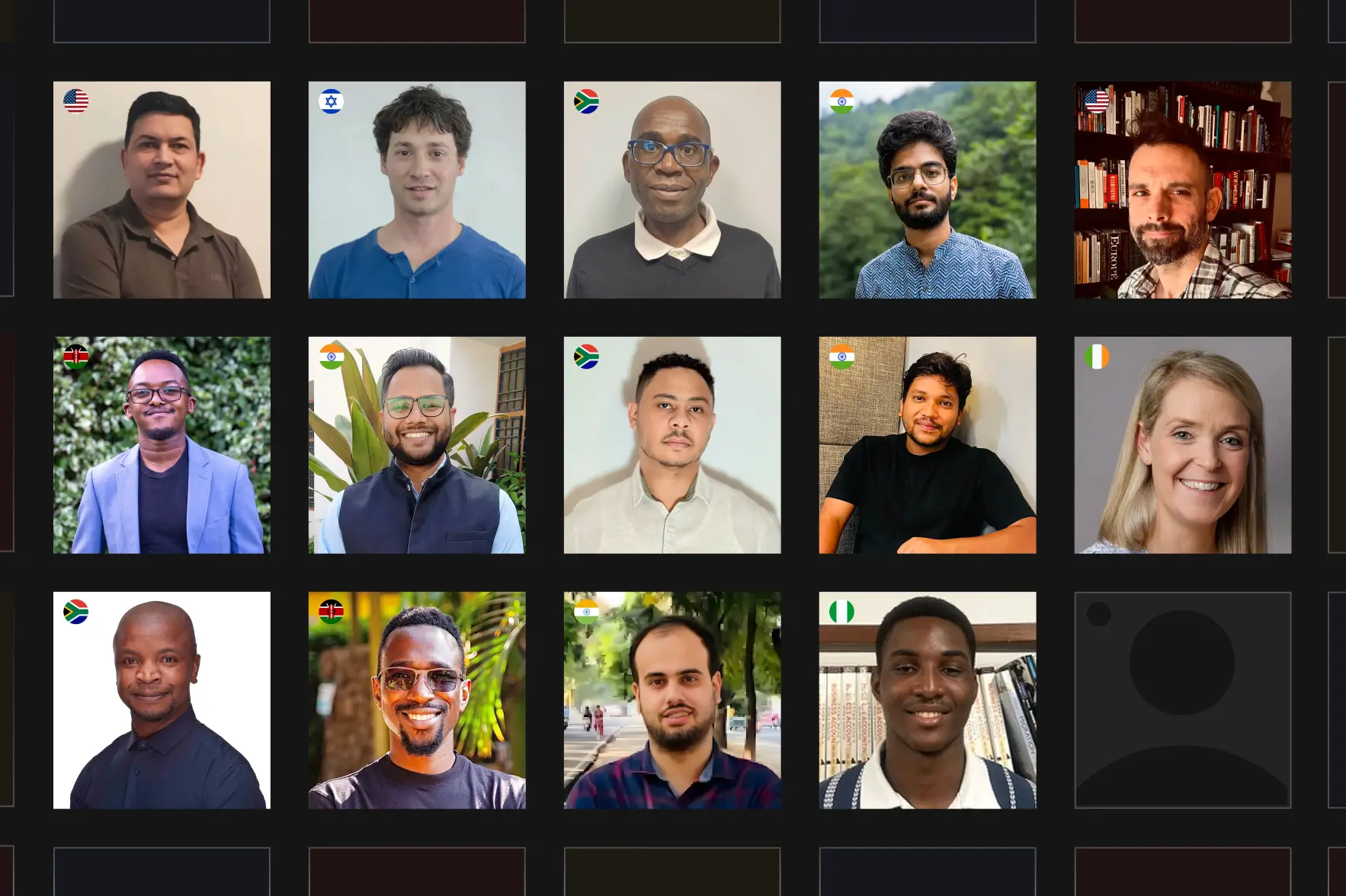 A grid of fifteen headshots of diverse individuals, likely faculty or team members, each person framed beneath a small national flag icon. The visible flags include the United States, Israel, South Africa, India, Kenya, and Ireland, representing a global team. The people in the photos are a mix of men and one woman of varying ages and ethnicities, smiling and posing for their professional pictures.