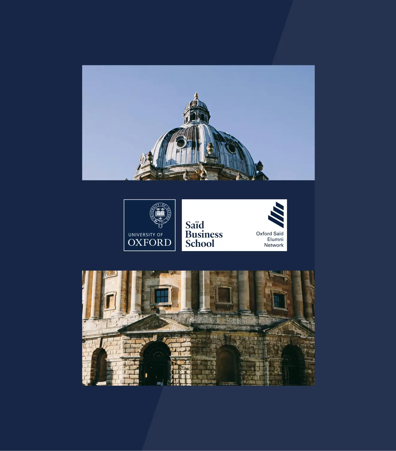 Dome and stone facade of the University of Oxford's Radcliffe Camera with University of Oxford and Said Business School logos.