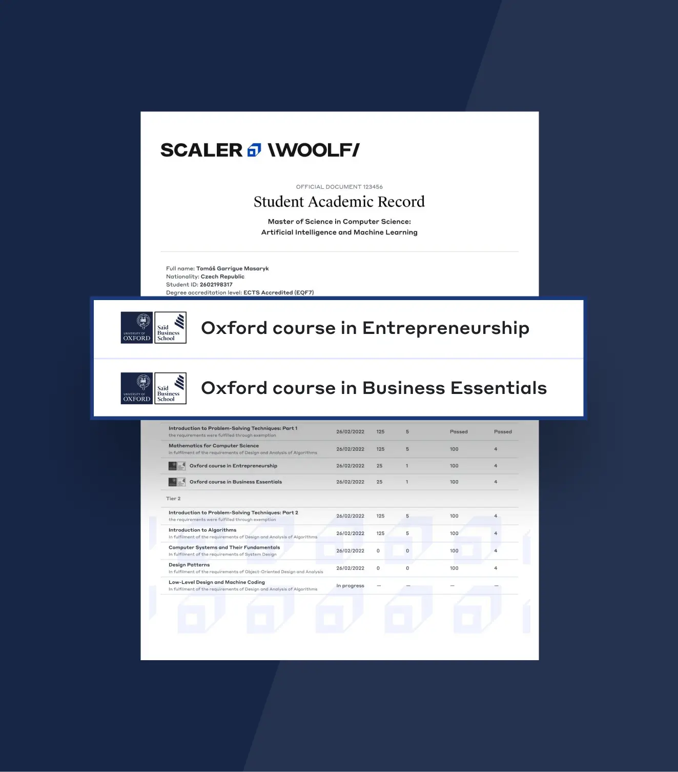 Student academic record showing Master of Science in Computer Science with courses from Oxford including Entrepreneurship and Business Essentials.