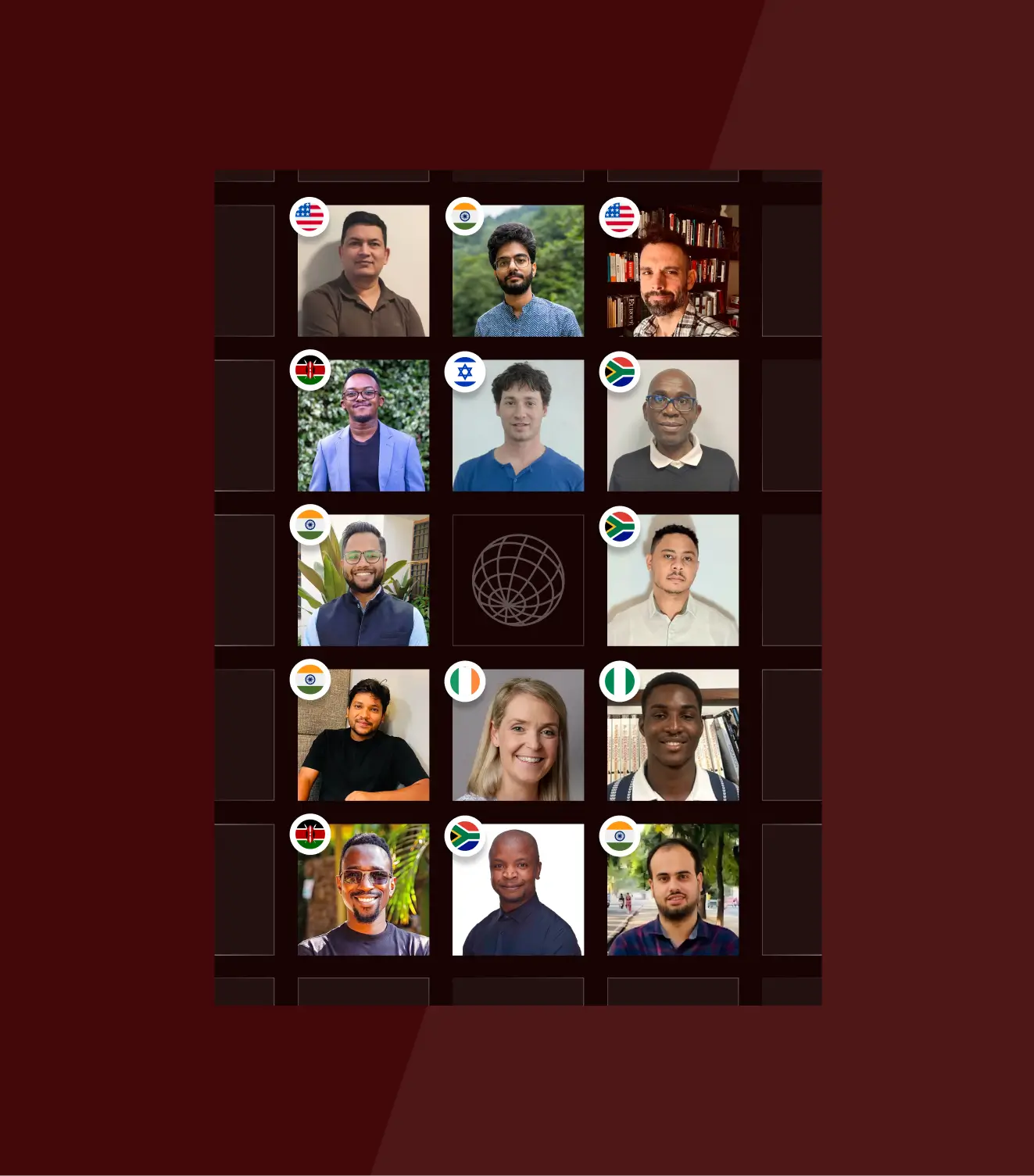 Grid of 15 headshots of diverse people with country flags representing the USA, India, Kenya, Israel, South Africa, Ivory Coast, and Nigeria on a dark background with a globe icon in the center.
